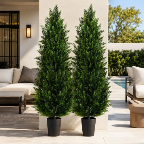 Artificial Topiary Cedar Trees 6FT Tall 2 Set, Outdoor Indoor Faux Pine Shrubs Plants, Realistic Fake Plants Front Porch Decor, Artificial Bushes Cypress for Home Front Door Offices - color: 2*pine Tree 6ft