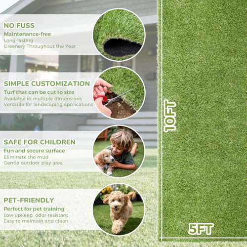 Artificial Grass Rug Indoor Outdoor, 5 x 10FT Fake Grass Turf with Drainage Holes, Realistic Artificial Lawn Rug Dog Pets Mat, Turf Carpet for Garden Lawn Landscape Balcony Patio Backyard Decor - size: 5 ft x 10 ft = 50 Square ft