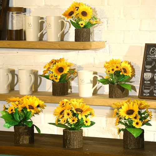 Lyrow 6 Pcs Sunflowers Artificial Flowers Sunflower Flower Bouquet in Planters Summer Fake Faux Floral Rustic Potted Flower Arrangements Table Centerpiece for Vase Summer Home Indoor Outdoor Decor