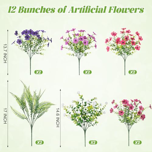 Ammyoo Artificial Flowers for Outdoors Spring Decoration, 12 Bundles Fake Flower Daisy with Realistic Eucalyptus Leaves, Faux Plants for Greenery Boxwood Porch Patio Garden Pot Lawn - color: Purple Deep-purple Rose-red Purple-red White-boxwood Fern-grass