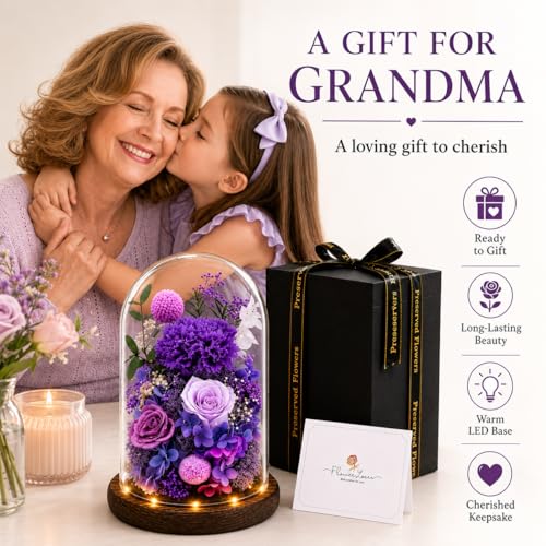 Preserved Flowers in Glass, Preserved Rose with 1 Royal Purple Carnation & 2 Roses, Eternal Flower Gift for Grandma Wife, Forever Flowers for Anniversary Birthday Lasts 3-5 Years - color: Purple