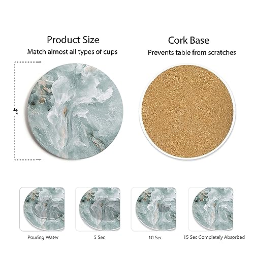 Set of 6 Abstract Marble Coasters with Holder, Absorbent Ceramic Coasters for Drinks, Coasters with Cork Backing for Table Protection, Housewarming Gifts for New Home - color: Abstract Green Marble