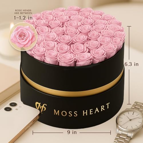 50 Petite Preserved Roses, Designer Round Box, Real Forever Roses Last 1+ Year, Premium Gift for Women, Wife, Girlfriend, Mother’s Day, Birthday, Anniversary, Valentine’s Day - color: Light Pink, size: 50 Roses
