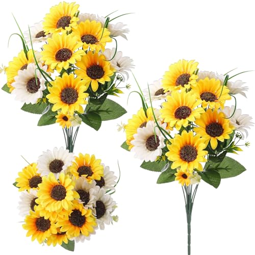 Giegxin 2 Bundles Fathers Day Sunflower Cemetery Flowers for Grave Vase Artificial Memorial Flower Bouquet Fake Silk Floral Arrangement for Dad Headstone Gravesite (Sunflower)