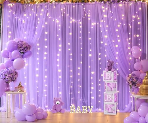 Lavender Tulle Backdrop Curtain with Led Lights for Wedding Baby Shower Girls 10ft X 8ft Lilac Lavender Sheer Backdrop Curtain for Birthday Party Bridal Shower Photoshoot Background Decorations - color: Lavender, size: 10 ft X 8 ft(2 Panels 5ft X 8ft)