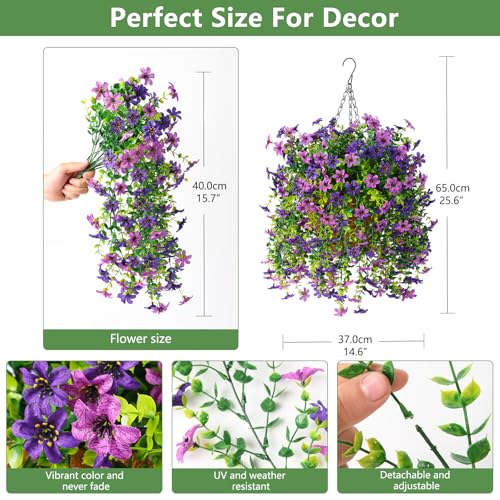 INQCMY Artificial Faux Hanging Flowers Plants Basket for Outdoor Outside Spring Summer Decoration,UV Resistant Fake Silk Daisy in Planter Resistant Look Real for Home Porch Balcony Patio Yard Decor - color: Double Purple