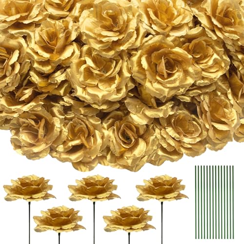50 Pcs Rose Flower Head, Artificial Flowers Bulk for DIY Crafts, 3in Fake Rose Silk Flower Head wit Stem, Faux Flowers for Decoration, Wedding Home Party Decor Garland Decor (50, Gold) - color: Gold