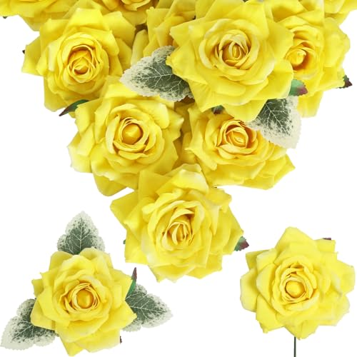 Artificial Flowers - 16pcs Yellow Fake Roses, 4.3" Velvet Roses for Wedding Bouquet, Home Party & Garden Decorations - color: 4.3" Yellow