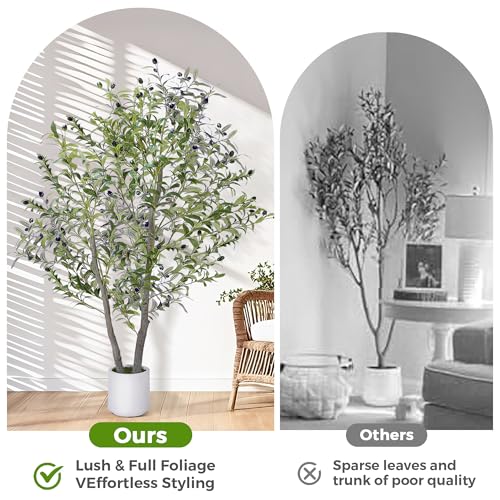 Jocoevol Olive Trees Artificial Indoor, 5FT Realistic Artificial Olive Tree with Natural Wood Trunk Lifelike Fruits Pre Assembled No Maintenance, Sturdy White Planter for Home Office Decor Perfect - size: 5ft