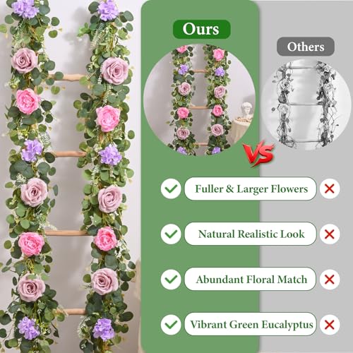 Livole 6 FT Artificial Flower Garland Real Touch Fake Pink Floral Rose Peony Garland with Eucalyptus Flower Hanging Vine for Wedding Table Centerpieces Backdrop Party Arch Home Decorations - color: Pink, size: 1 Pc