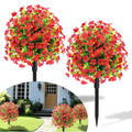 23" Set of 2 Spring Artificial Boxwood Topiary Ball Tree with Spikes,UV Resistant Fake Outdoor shrubs with Violet Flowers, Realistic Faux Plants Bushes for Garden Front Porch Yard Patio (Red)