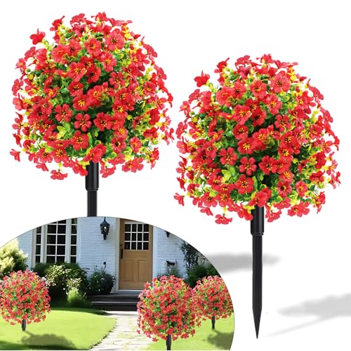 23" Set of 2 Spring Artificial Boxwood Topiary Ball Tree with Spikes,UV Resistant Fake Outdoor shrubs with Violet Flowers, Realistic Faux Plants Bushes for Garden Front Porch Yard Patio (Red)