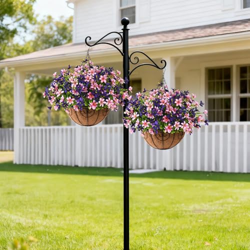 INQCMY Artificial Hanging Flowers for Outdoors, 5 Bundles UV Resistant Artificial Hanging Baskets,All Weather Fake Flowers for Patio, Porch, Yard, Window Box,Home for Spring Summer Decoration. - color: Pink Purple