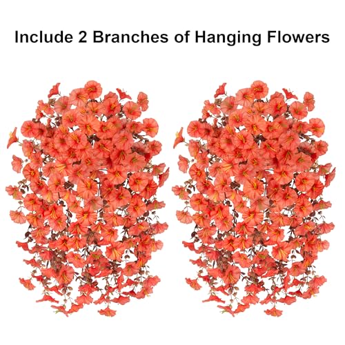Ivydale 2 PCS Artificial Fall Hanging Flowers Fake Plants Outdoor,Silk Morning Glory Faux Flowers with Eucalyptus Leaves,UV Resistant Realistic Mums Plants for Home Garden Decor (Orange) - color: Orange(leaves Orange)