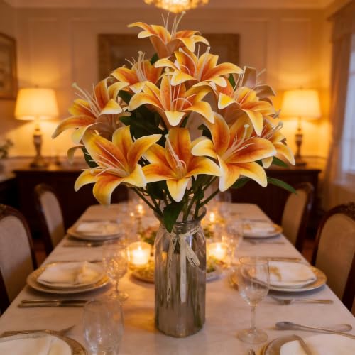 Artificial Lily Flowers,6 Pcs Faux Lily Flowers,23 Inch Long Stem Tiger Lily Branch with 3 Full Blooms and 4 Leaves, Latex Real Touch Lilium Flower for Wedding Bouquet (6, deep Orange) - color: Deep Orange