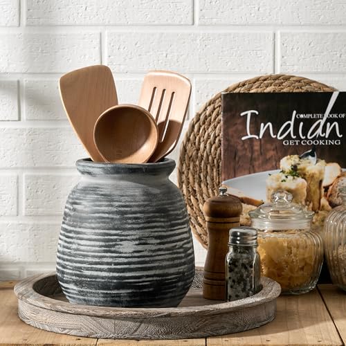 SIDUCAL Ceramic Rustic Farmhouse Flower Vase, Pottery Decorative Flower Vase for Home Decor, Table, Living Room Decoration, Shelf Decor, Mantel, 7.3 Inch, Black - color: Black