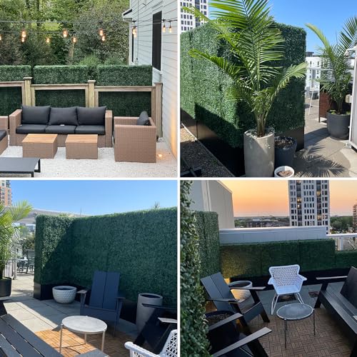 Artificial Boxwood Hedge Wall,Greenery Fake Faux Grass Backdrop Divider with Black Steel Planter Box,Outdoor Privacy Panels for Patio,Balcony,Restaurant,Garden,Party Décor 48" WX64 HX14 D - size: 48"WX64"HX14"D