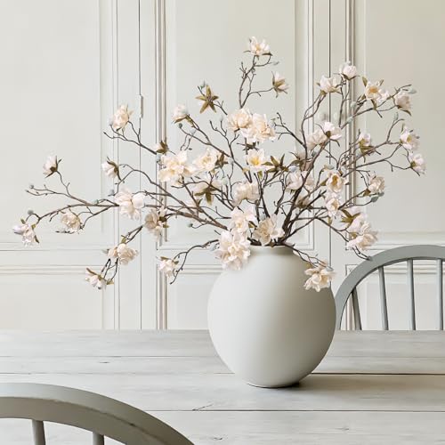 HyeFlora 3PCS Artificial Magnolia Flowers Stems for Spring Decoration, Faux Champagne Magnolia Branches with Buds, 34.5" Long Stems Floral Arrangement for Vase Pot Table Centerpiece Indoor Decor - color: Champagne