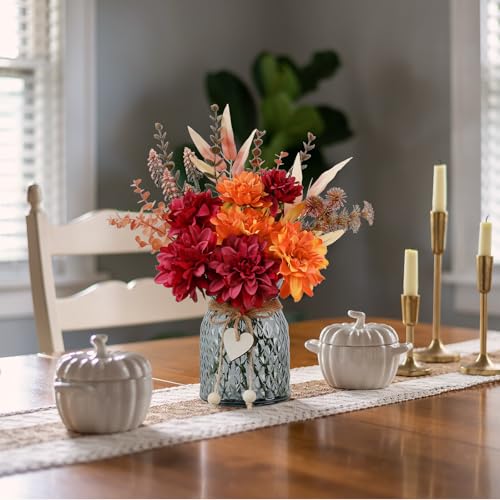 Leftover Fake Fall Flowers in Vase,Faux Flowers in Vase,Fall Floral Arrangement,Fall Centerpieces for Tables,Artificial Flowers,Kitchen Decor,Coffee Table Decor - color: Orange and Red