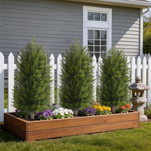DREAMLOOM Artificial Topiary for Outdoors 3ft Artificial Cedar Trees 2 Set Fake Pine Tree with Spike Faux Shrubs Bushes Outside Front Porch Planter Garden Decor Entryway Home