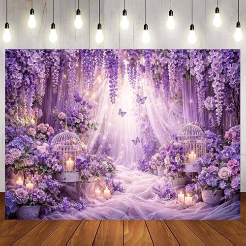 6x4ft Purple Butterfly Floral Backdrop for Photography Butterfly Flowers Girls Party Decorations Background Wedding Birthday Baby Shower Party Cake Table Decor Banner Photo Booth Props - color: Purple01, size: 6X4FT