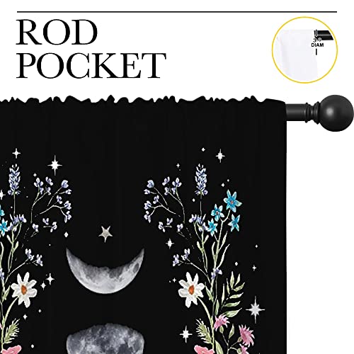 Boho Floral Wildflower Rod Pocket Blackout Curtains for Boy Girl Bedroom, Moon Phase Moonlit Garden Witchy Gothic Aesthetic Thermal Insulated Home Window Drapes for Living Room Darkening, 42x45 inch - color: Boho Floral Wildflower-002, size: 42"W x 45"L (