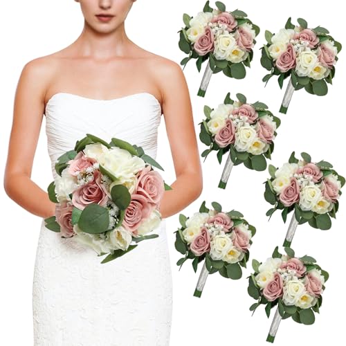 Set of 6 Bridesmaid Bouquets, 11 Inch Wedding Bouquets for Bridesmaids Artificial Flower Bouquets for Wedding Ceremony Bridal Shower Decorations - Dusty Pink & White - color: Dusty Pink & White, size: Set of 6 Bouquets