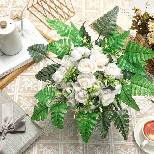 Zeyune 48 Pcs Spring Artificial Silk Leather Leaf Fern Stems 4 Styles Wedding Greenery Faux Leaves Pick 15.8 Inch 14.6 Inch Cemetery Leaf Plant Bouquet for Wedding Decor Garden Room Porch Decor