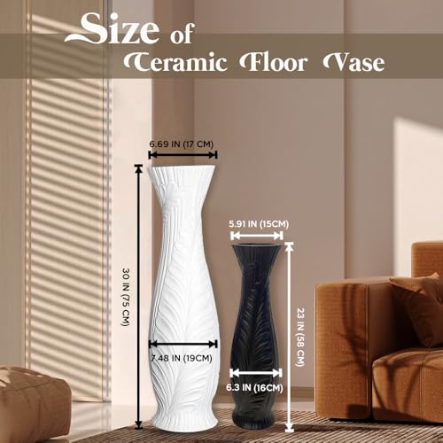 Tall White Floor Vase 30 Inches, Handmade Large Modern Ceramic Vases for Home Decor Living Room, Feather Pattern Decorative Vases Wide Mouth Opening Corner Vase for Pampas Grass - color: White Feather Pattern