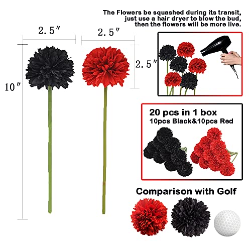 20Pcs Artificial Fake Flower Plants Silk Chrysanthemum Ball Hydrangea Arrangements Wedding Bouquets Decor Home Kitchen Garden Party Table Floral Centerpieces DIY (Red&Black) - color: Red&black