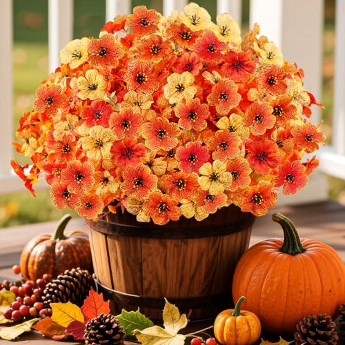 16 Bundles Artificial Fall Flowers for Outdoors, Realistic Fake Silk Flowers with Eucalyptus, No Fade Faux Fall Plants for Planter, Patio, Front Porch & Garden Decor - color: 5fall+5sunset+6yellow, size: 16PCS