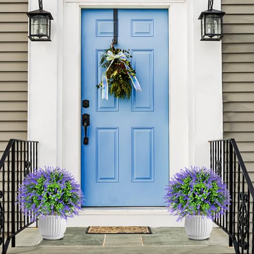 Set of 2 Artificial Christmas Boxwood Topiary Ball Shrubs, 20" UV-Resistant Faux Outdoor Plants with Ground Spikes — Realistic Purple and Green Decorative Bushes for Porch, Patio, Garden, Yard Décor - color: 2pcs 20in Lavender Boxwood