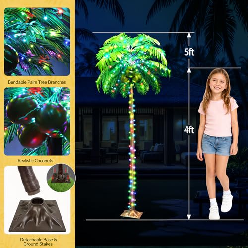 Ledido 5FT Lighted Palm Trees for Outside Patio, 35 Colors Changing Light Up Palm Trees Outdoor with Remote, Led Artificial Fake Tree with Coconuts for Pool Tiki Bar Yard Tropical Party Indoor Decor - color: Color Changing, size: 5ft