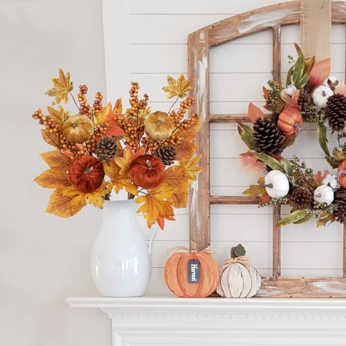 Briful 2Pack 16in Fall Picks and Sprays with Velvet Pumpkins Pinecones Berries Maple Leaves Artificial Fall Floral Branches Stems for Vases Autumn Table Centerpieces Seasonal Home Decor - color: Yellow Brown
