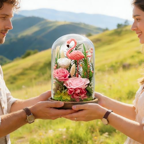 Eternal Flowers with Flamingo-Big Flower Big Love- Graduation Flowers Gifts for Daughter Wife Mom-Forever Flower in Glass Dome-Flowers for Delivery Prime on Anniversary Valentines Birthday (Pink) - color: Pink