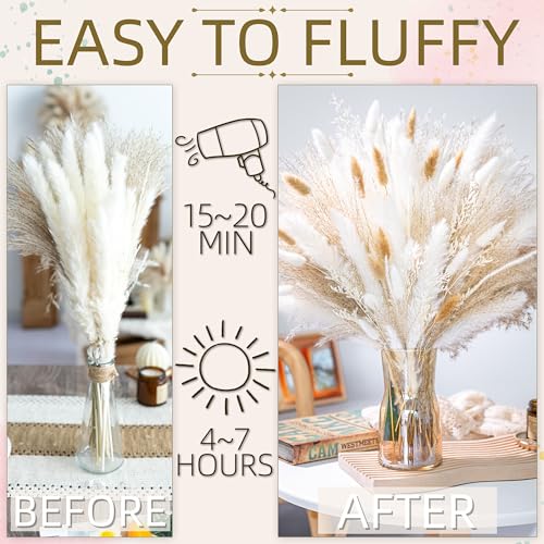 floradream 95 PCS Natural Pampas Grass Decor Bouquet | Boho Dried Floral Arrangement Centerpiece Table Decor Wedding Decor Rustic Decor, Natural, white, beige (Fdm-b-01) - size: 95PCS