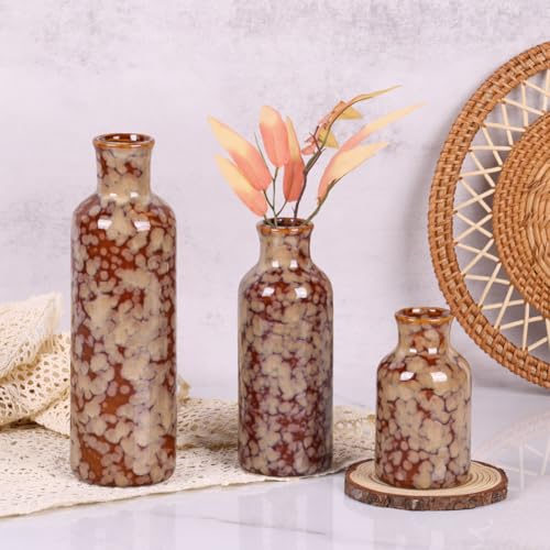 Ceramic Vase Set - 3 Crack Brown Small Vases, Farmhouse Country Flower Vase Home Decor, Living Room Decoration, Table Decoration, Fireplace Decor, and Entrance Decorations Centerpieces - color: Crack Brown