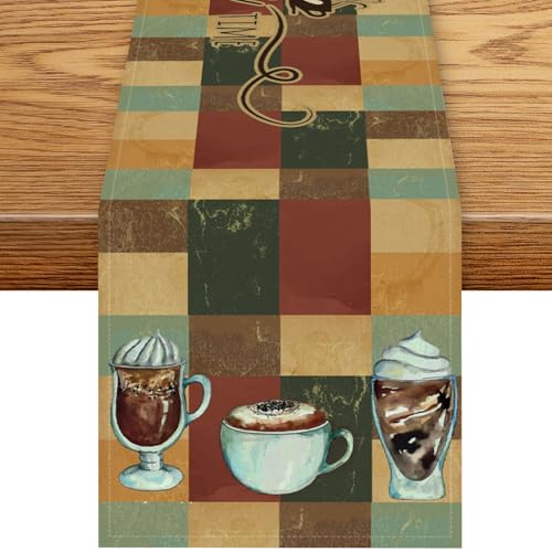 Coffee Theme Table Runner, Rustic Coffee Time Cafe Cup Latte Cappuccino Tea Bean Drinks Vintage Farmhouse Teal Table Center Decor for Family Kitchen Holiday Party Table Decorations,, 13"x36" - color: Coffee-12, size: 13“ X 36"