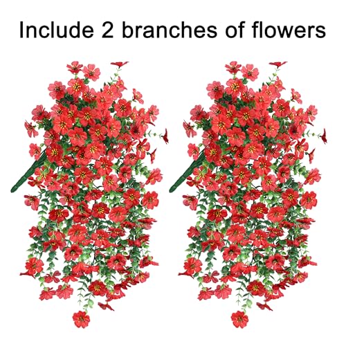 HyeFlora Artificial Hanging Flowers for Outdoors Decoration, 2Pcs Red Fake Spring Summer Decor, Realistic Plants, UV & Fading Resistant Flower for Porch Patio Balcony Planter Yard Home Garland - color: Red