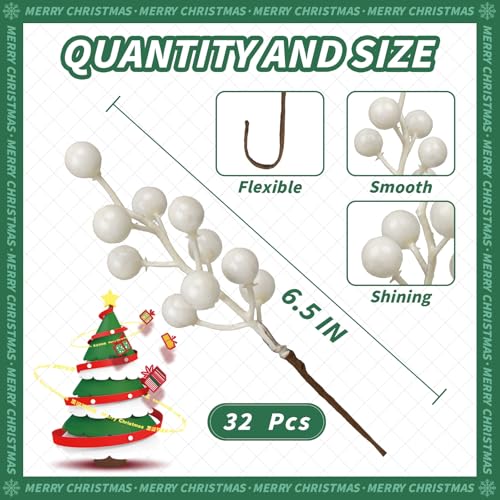 LLZLL 32 Pack Christmas Picks Artificial Christmas Tree Berries 6.5 Inch Holly Berry Stems for Winter Xmas Holiday DIY Ornaments（White） - color: White