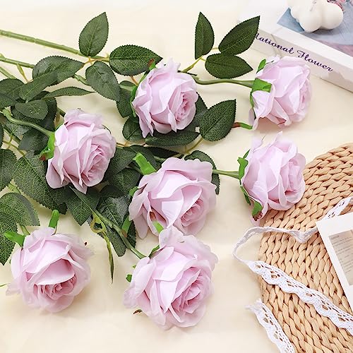 Tifuly Light Purple Roses Artificial Flower - 12 Pcs Long Stem Silk Roses, Realistic Fake Roses with Stems for Bridal Bouquets, Home and Office DIY Decor - color: Light Purple