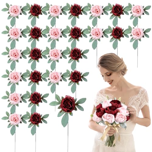 Zeyune 50pcs Artificial Peonies Flowers 4'' Fake Peonies DIY Craft Silk Flower Bulk for Home Wedding Bridal Bouquet Birthday Dining Room Table Centerpieces Backdrop Party Decor(Burgundy and Pink) - color: Burgundy and Pink