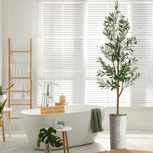 Artificial Tree in Geometric Pattern Planter, Fake Olive Silk Tree for Indoor and Outdoor Home Decoration - 68" Overall Tall (Plant Pot Plus Tree) - style: Olive Tree