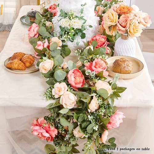 Artificial Flower Garland 3pcs 5.9ft Champagne Pink Floral Peony Vine Decor | PONKING Fake Rose Vine Flowers Hanging Faux Roses String for Room Party Home Wedding Birthday Wall Arch Decoration - color: Huge Flower Champagne Pink Vines 5.4ft
