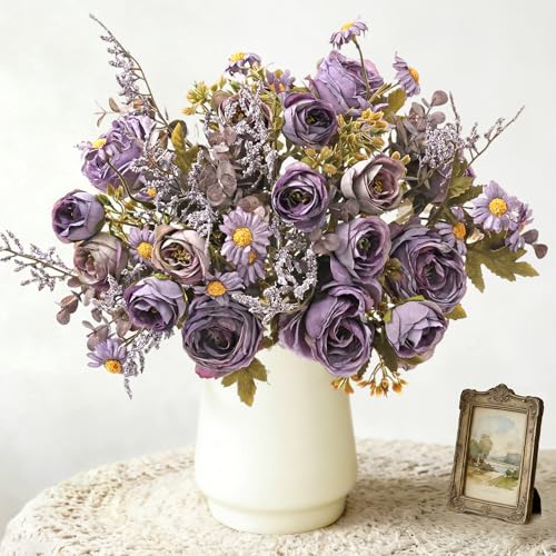 Artificial Roses Flowers 6 Pack Vintage Roses Pink Flowers Small Silk Rose Bouquet with Daisy Flowers Faux Floral Arrangements for Vase Centerpiece Table Wedding Party Bridal Decor - color: Purple, size: 6PCS