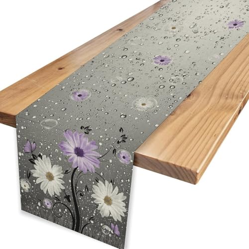 Farmhouse Purple Floral Table Runner, Rustic Spring Floral Flower Wooden Boards Boho Butterfly Farmhouse Coffee Table Center Decor for Family Kitchen Holiday Party Table Decorations, 13"x36" - color: Daisy-13, size: 13“ X 36"