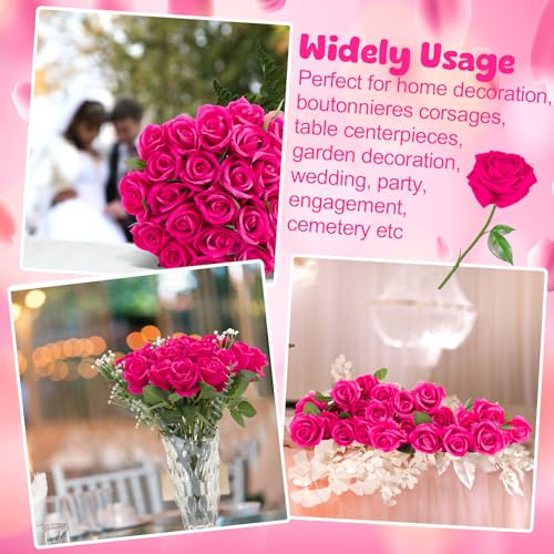 24 Pcs Hot Pink Rose Artificial Flowers with Long Stem Real Touch Silk Roses Bulk for Wedding, Party, Table Centerpieces Bright Pink Bouquet, Bridal, Home Decor - color: Hot Pink