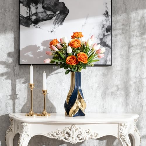 10.6" Blue and Gold Ceramic Vase, Modern Geometric Flower Vase for Dining Table Centerpiece, Elegant Decorative Vase for Pampas Grass, Living Room, Bedroom, Office, Tabletop Decoration - color: Blue Gold