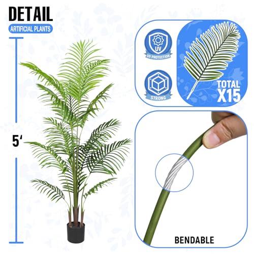 E&K 5FT Artificial Palm Tree with Plastic Nursery Pot, Fake Areca Palm Tree Artificial Plant Faux Trees for Home Office Garden Indoor Outdoor Decor (1 Pack) - color: Areca Palm, size: 5ft