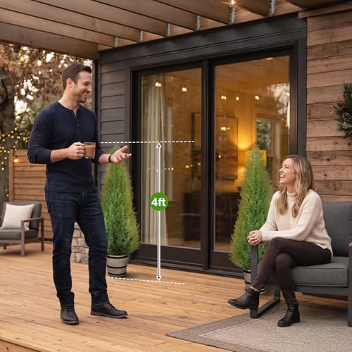 Artificial Cedar Trees 4FT Faux Cedar Topiary Evergreen Plants Outdoor Indoor Fake Cypress Pine Trees with Barrel Planter for Front Porch Entryway Patio Garden Home Decor Set of 2 - size: 4ft